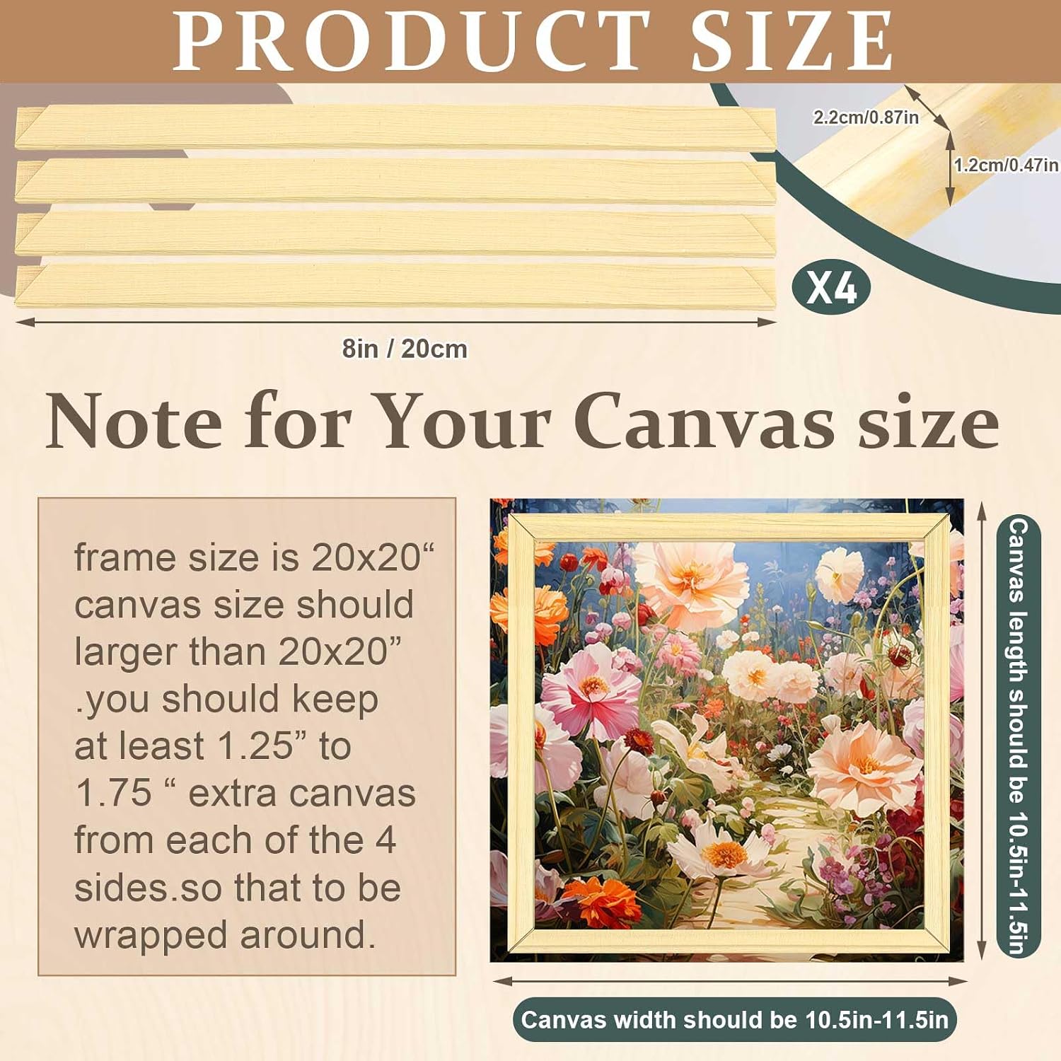 DoubleFill 1 Pack 8x8 Inch DIY Canvas Stretcher Bars Canvas Frame Wood Frames Kit Easy to Assemble for Prints, Posters, Oil Painting, Painting, Embroidery Stitch and Needlepoint Arts