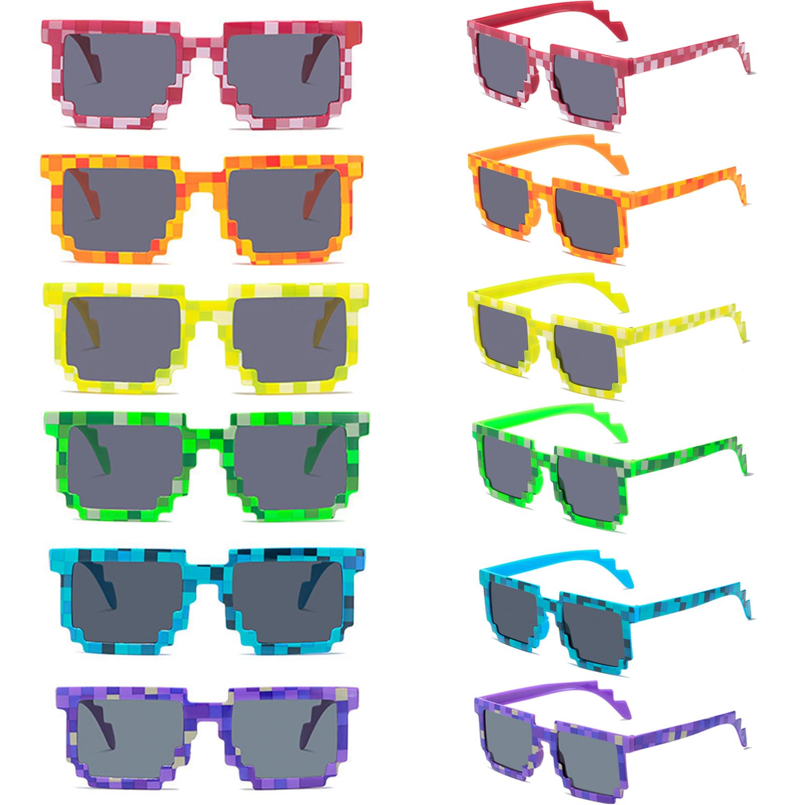 BenJohot 12 Pack 6 Colors Pixel Sunglasses, Video Game Cool Style Glasses Party Favors For Photo Props, Birthday and Game Theme Parties