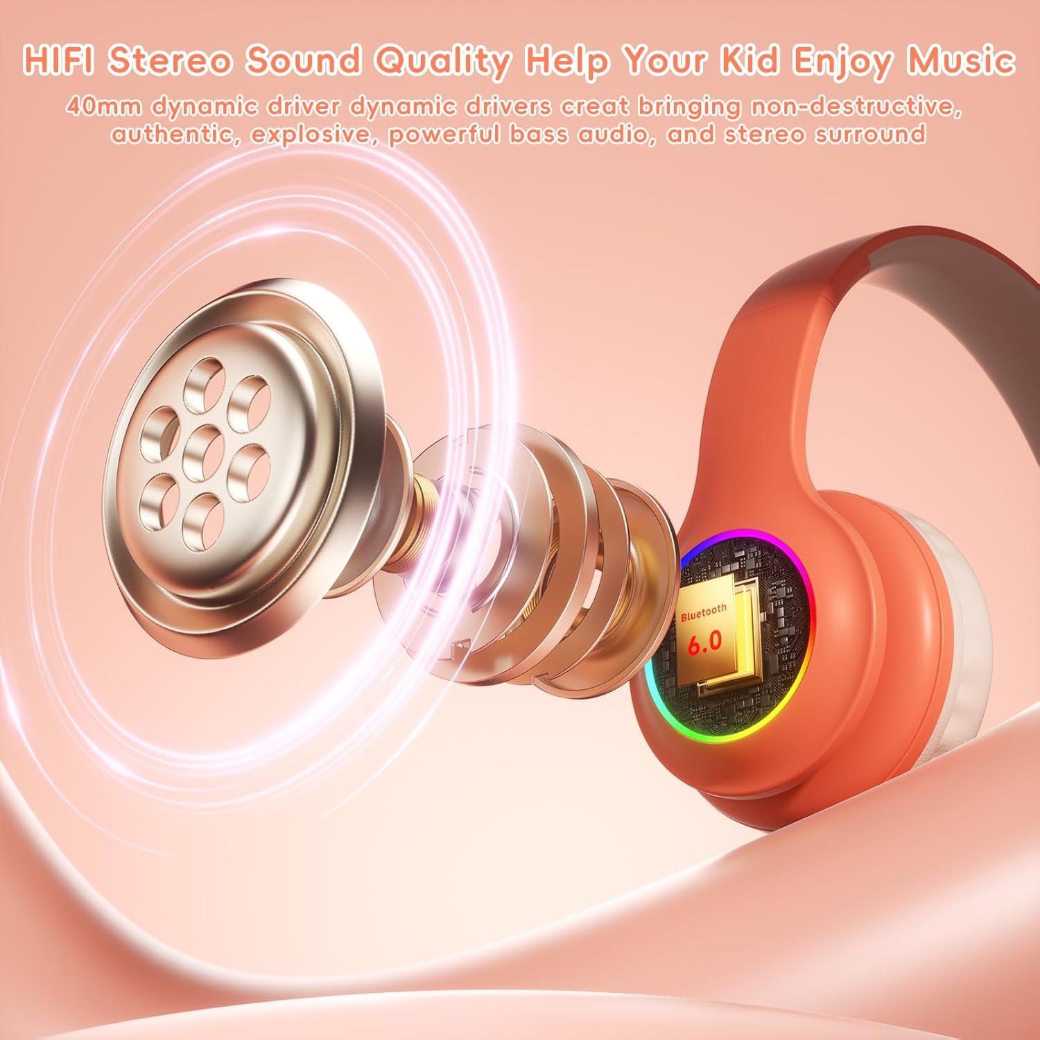 Candy Bila Kids Bluetooth 6.0 Headphones with LED Light, 85Hours Playtimes, Type-C Fast Charging, 85/94dB Volume Limited, Wireless Headphones with Built-in Mic, Wired & TF Card Mode, Pink and Orange