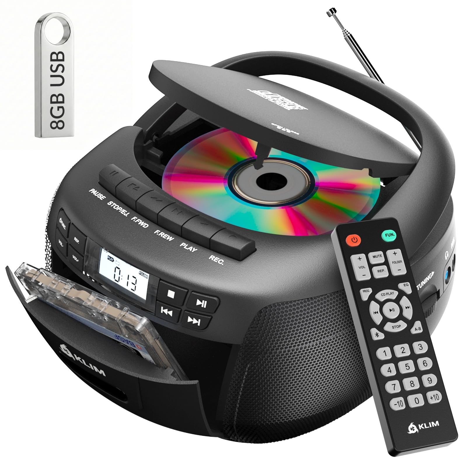 KLIM Lecteur CD & Lecteur Cassette Audio avec USB, AM/FM Poste Radio CD, Lecteur CD Bluetooth, Son Stéréo, Télécommande, Enregistrement de Cassettes, AUX, Radio Cassette CD