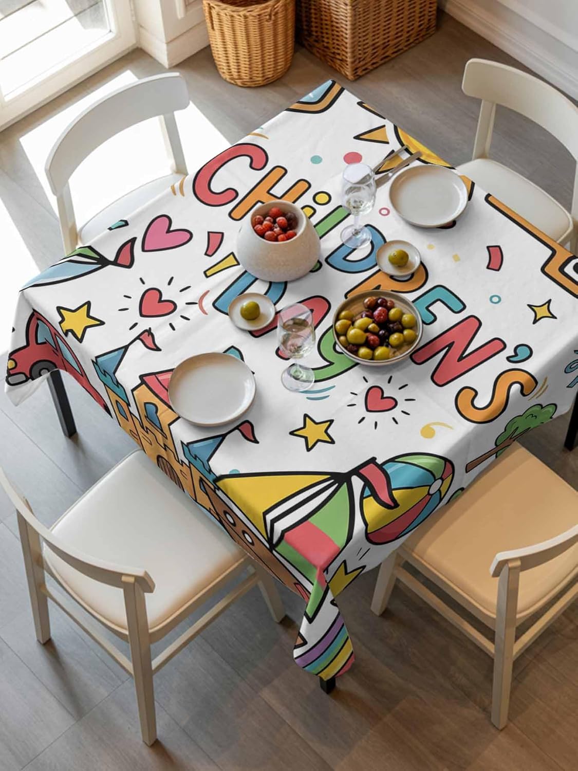 Happy Children's Day Waterproof Table Cloth Cartoon Sun Castle Boat Truck Leather Ball Waterproof & Wrinkle Table Cover, Washable Polyester Soft Fabric Table Cloth for Outdoor Indoor Parties