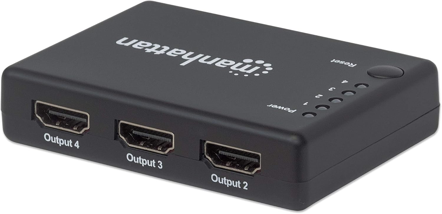 Manhattan Products 4K 4-Port Compact AC Powered HDMI Splitter, 1 in 4 Out, UHD (4K@30Hz), Black