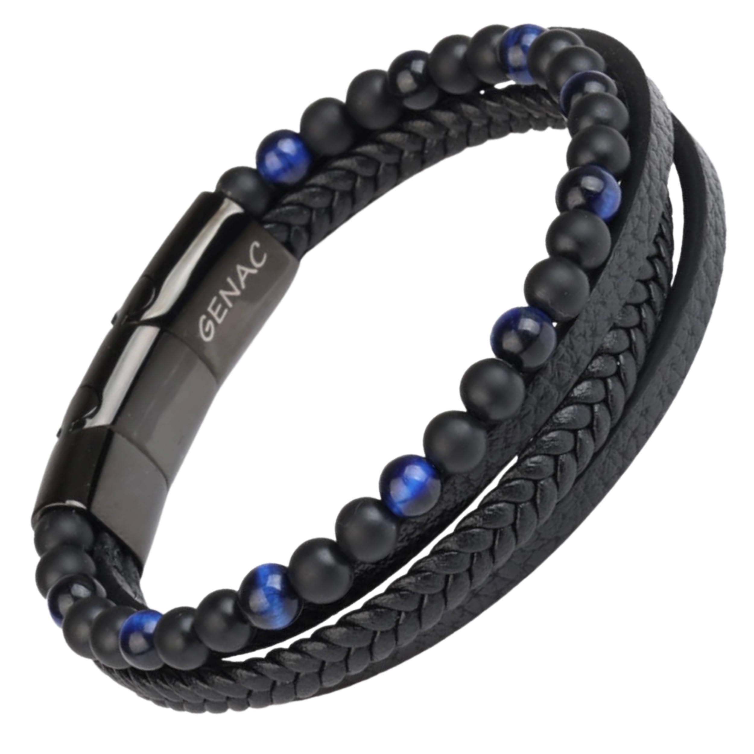 genac Pulsera para hombre, con perlas de piedras naturales, 6 mm y piel auténtica, tejido múltiple, con cierre magnético extraíble de acero inoxidable para ajustar fácilmente la longitud.