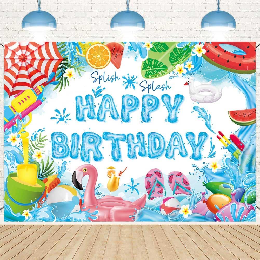 Pool Party Happy Birthday Banner Backdrop 10x8FT Splish Splash Summer Birthday Party Decorations Background Tropical Swimming Hawaiian Theme Party Decor Supplies