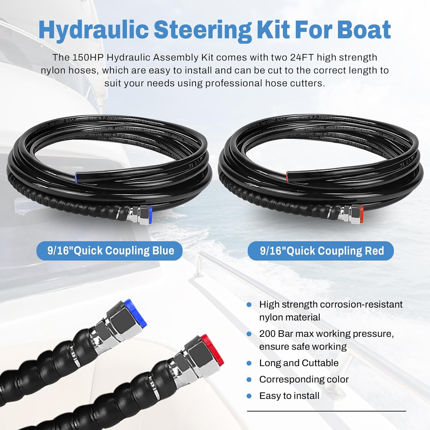 Hydraulic Steering System for Boats, 150HP Outboard Motor Hydraulic Steering Kit, Marine Power Steering Pump and Cylinder with 2 20FT Nylon Hoses, Boat Steering System for Single Engine Use