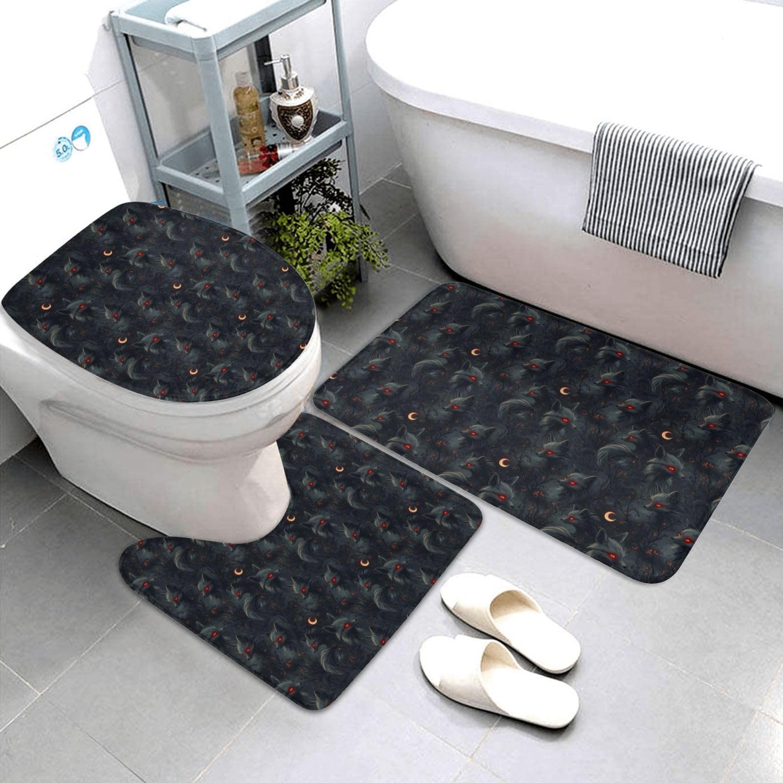 Tapis de salle de bain anti-glisse lot de 3 tapis absorbant motif renard nuit
