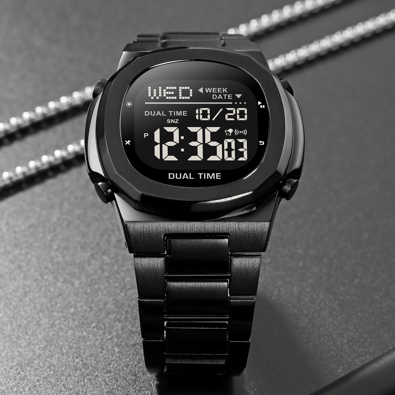 Reginald Orologio elettronico multifunzionale da uomo, orologio sportivo per attività all'aria aperta, con display digitale a LED, orologio in acciaio inox