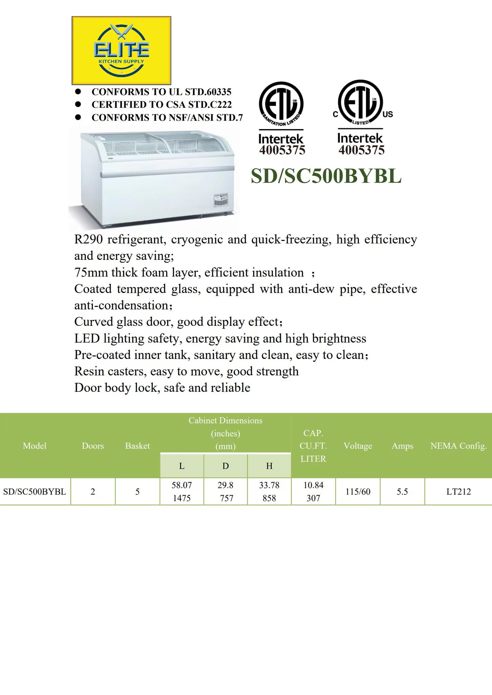 Commercial Chest Freezer, Glass Sliding Door, Etl Curve Display Top W/Storage Baskets, 58" W 18 Cu. Ft. For Supermarket Showcase, White on Fridge.com - View 4