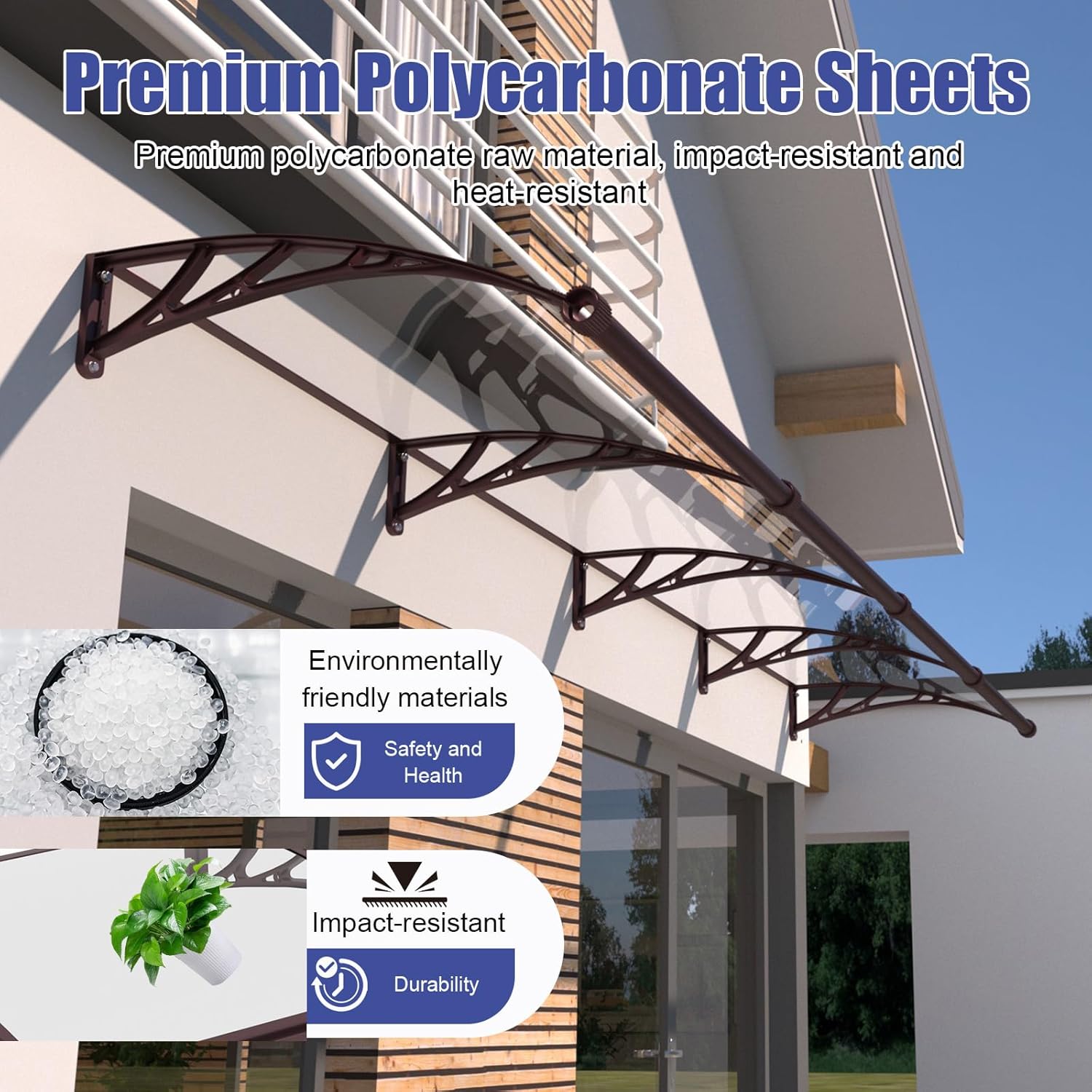 Awning for Door 40x48 Inch, Awnings for Doors with Separate Drainage, Polycarbonate UV Rain Snow Protection Window Awnings for Patio, Outdoor Canopy for Porch