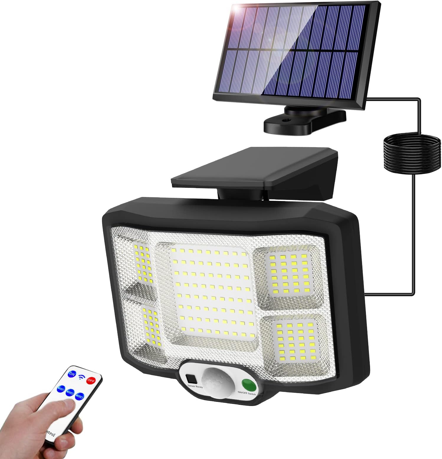 JESLED Solar Light Outdoor, 168LED Motion Sensor Floodlight with Remote Control, 3 Lighting Modes Garden Security Lamp IP65 Waterproof for Yard Corridor Terrace Garage