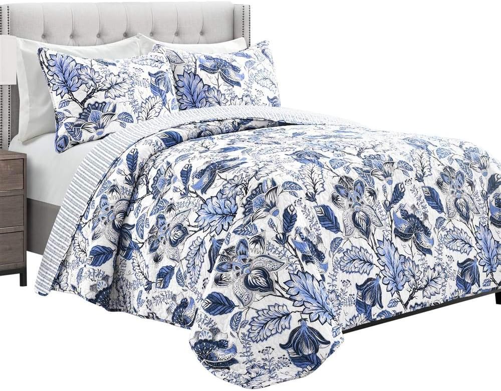 Lush Decor Cynthia Jacobean Quilt 3 Piece Reversible Bedding Set, Full Queen, Blue