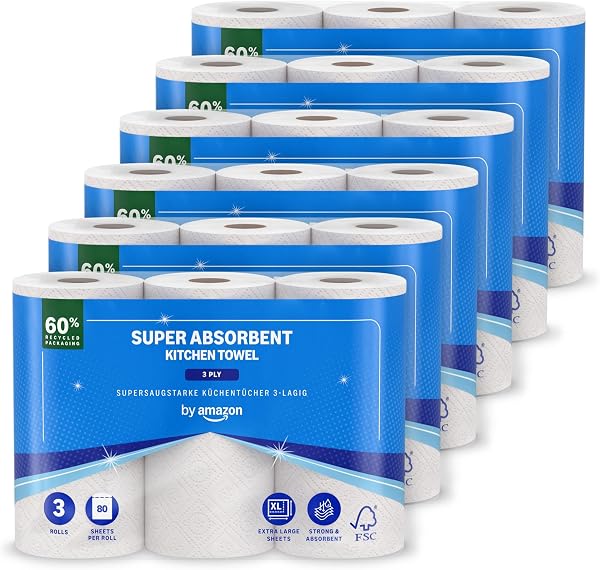 by Amazon Essuie-tout Super Absorbant, Triple Épaisseur, 18 Rouleaux (6 Paquets de 3), 80 Feuilles par Rouleau, Certifié FSC (Anciennement sous la Marque Presto!)