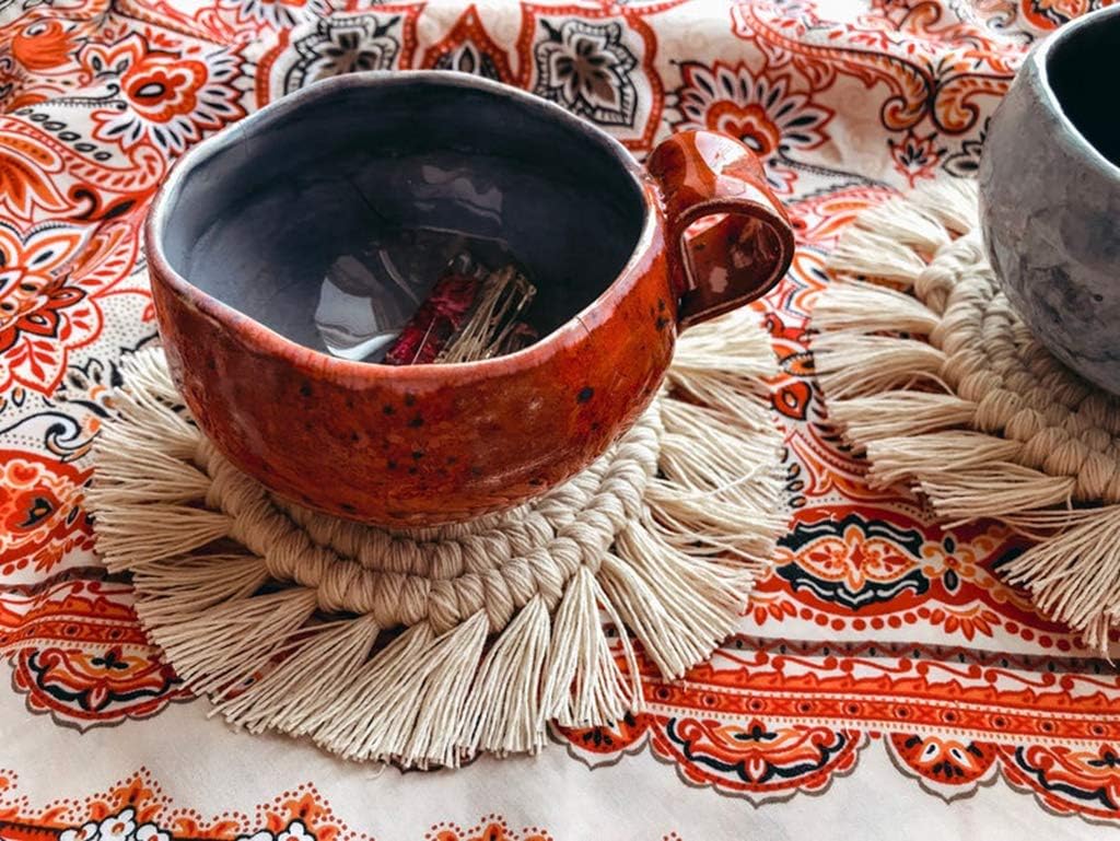 Lahome Handmade Macrame Coasters - Round Drinks Cotton Boho Woven Coaster Set with Tassel for Kinds of Mugs and Cups (Cream, Set of 2)