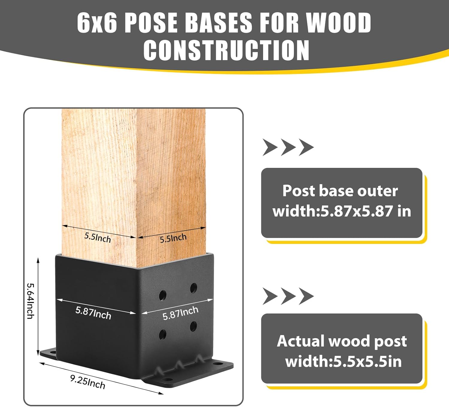 2Pcs 6x6 Post Base Heavy Duty (Inner Size 5.5x5.5), Super Thick Steel Post Brackets for Deck, Pergola, Fence, Mailbox, Gazebos