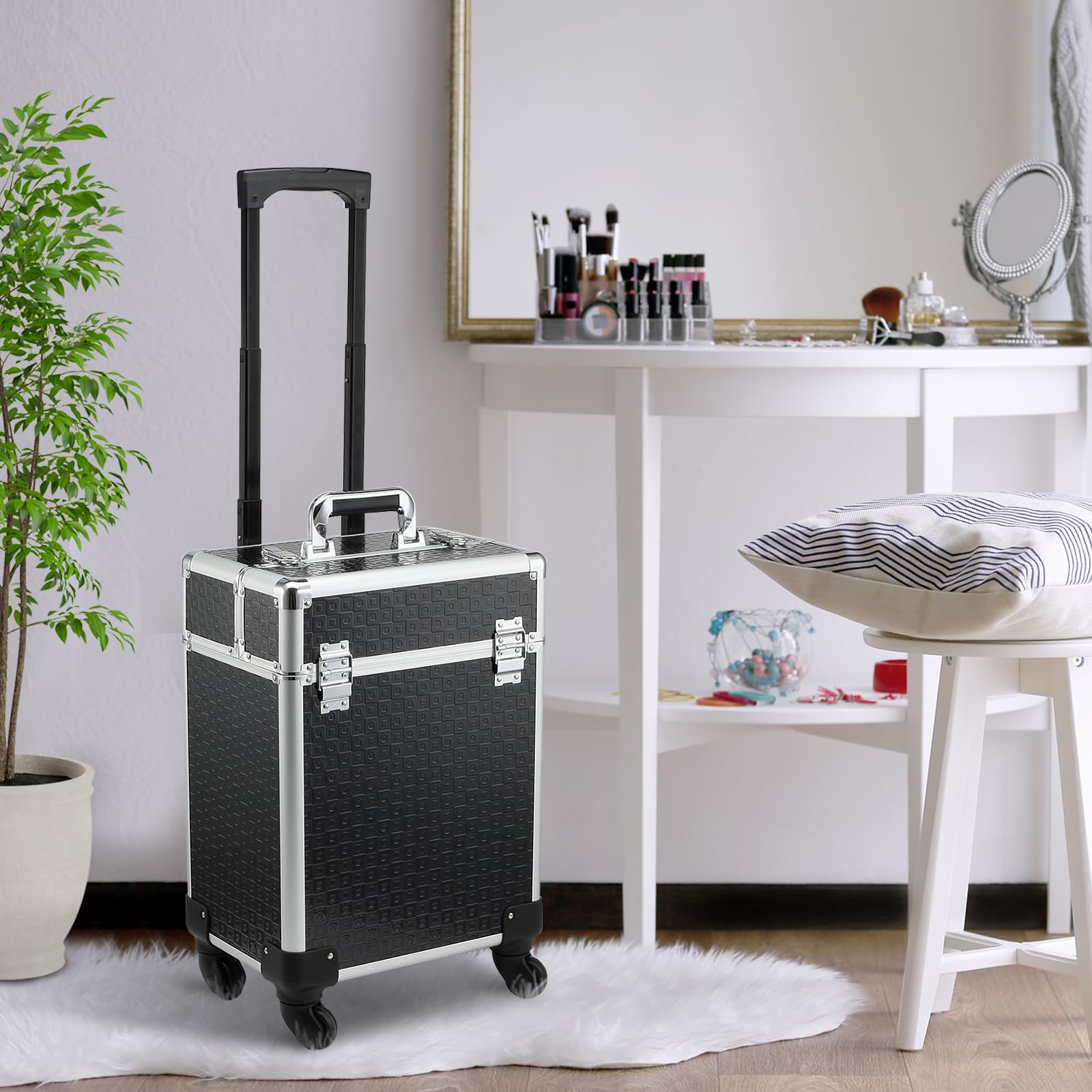 HOMCOM Maleta de Maquillaje Profesional con Ruedas, Maletín de Maquillaje con Mango, 2 Bandejas, Compartimento Inferior, Cerradura y 2 Llaves, para Salón, Peluquería, Negro