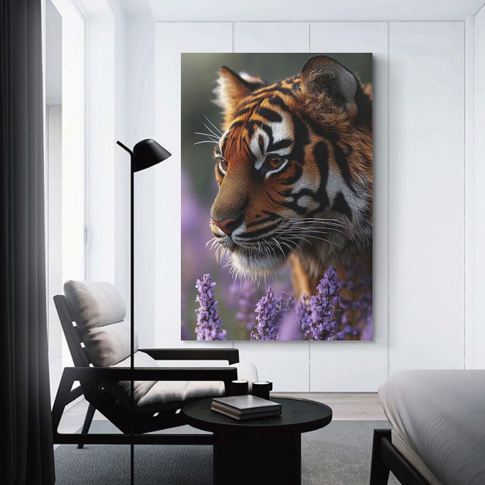 Junmoney Unframe-Style-5 Tiger In Lavender Field Portrait Canvas Wall Picture, 12X18inch(30X45cm), For Study, Office Or Focused Interiors, Home Office Artwork With Decorative Appeal