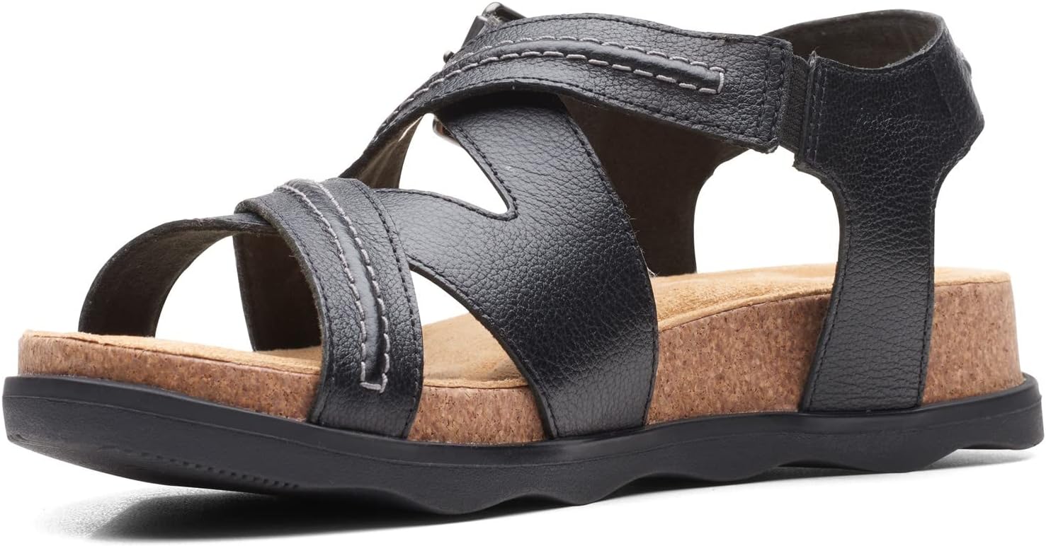 Clarks Women's Brynn Ave Flat Sandal, Black Leather, 9