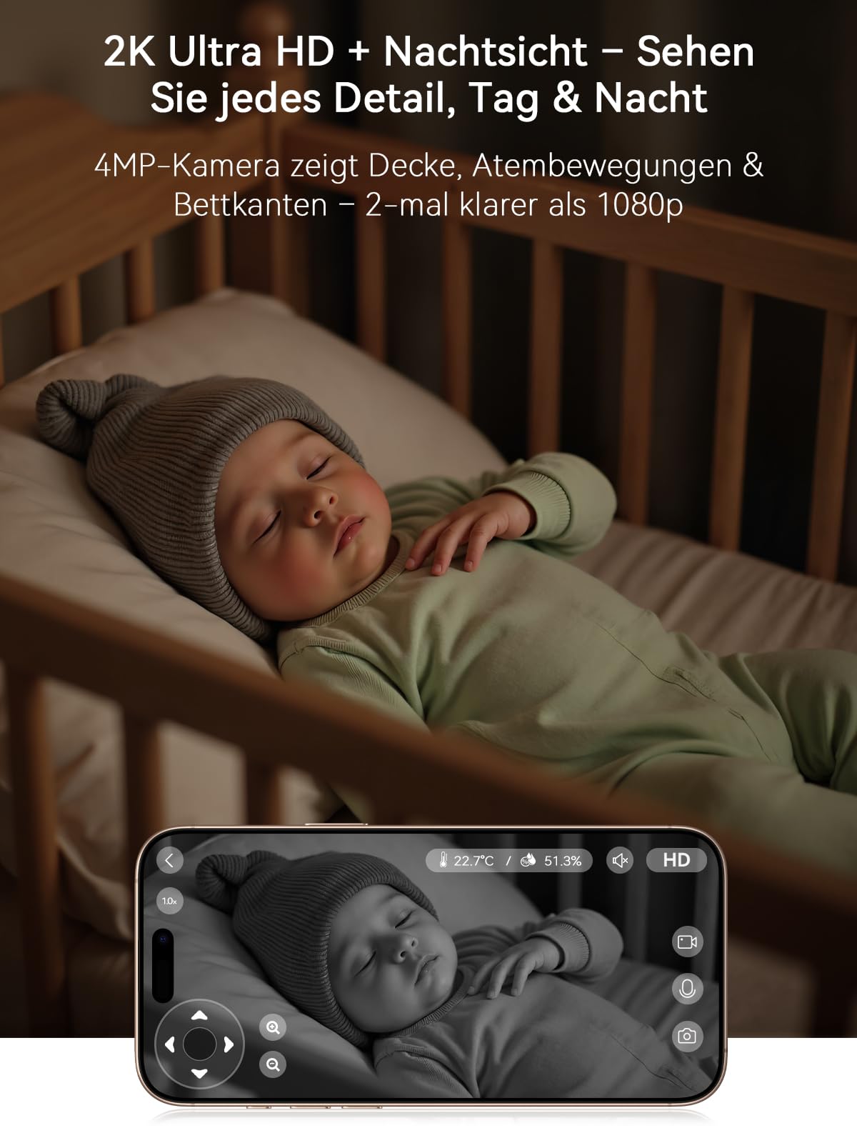 Outinput 2K/4MP WLAN Babyphone mit Kamera App, 360° Baby Monitor with Camera, Fütterungserinnerung, Schlaflieder, Farb-Nachtsicht,2-Wege-Audio, Nachtsicht, Bewegungs/Weinen/Temp/Feuchtigkeitserkennung