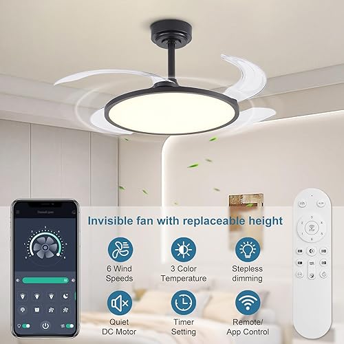 Miniatura 5 de Ventilador de techo retráctil con luces y control remoto, ventilador de techo de 42'' con lámpara de araña, aspas invisibles, LED de espectro Negro