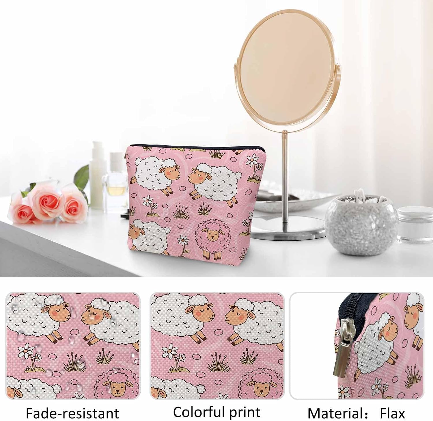 Makeup Bag For Purse Sheep, Farm Animal Weed Flower Sheep Cosmetic Bags For Women With Zipper Travel Toiletry Pouch Makeup Bags Makeup Organizers Purse For Toiletries Cosmetics image 5
