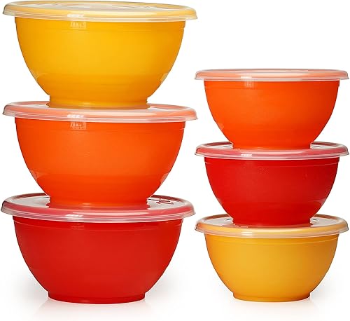 Miniatura 1 de Stephanie Imports Juego de 6 cuencos de plástico hechos en Estados Unidos con tapas transparentes (sin BPA y aptos para lavavajillas), naranja, rojo