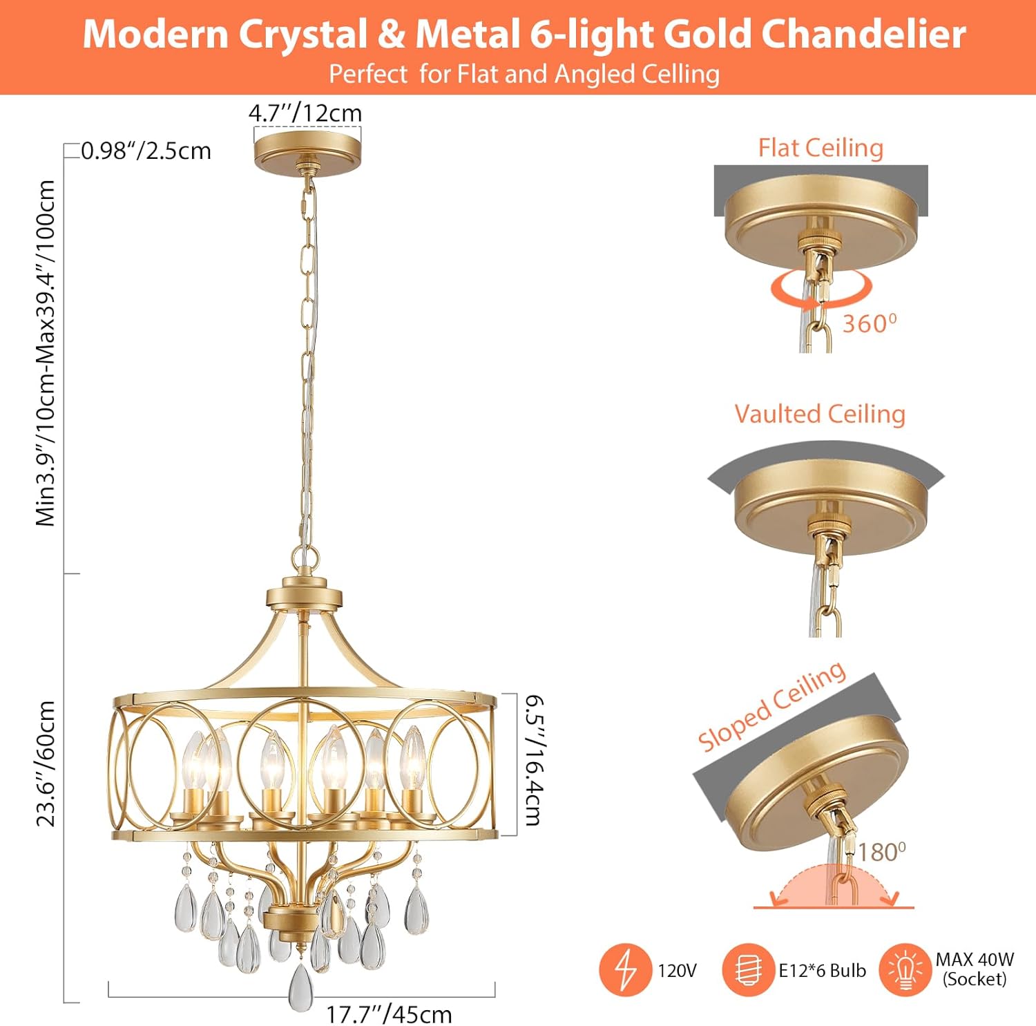 6-Light Modern Gold Crystal Chandelier, 17.7" Farmhouse Ceiling Light Fixture, Hanging Metal Pendant Lights Kitchen Island Dining Room Entryway Foyer