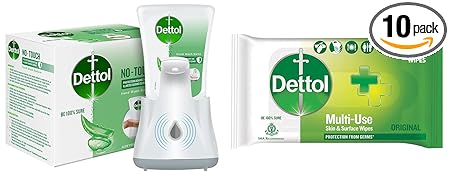 Dettol Handwash No-Touch Automatic Soap Dispenser Device with Aloe Vera Refill  250ml & Dettol Disinfectant Skin & Surface Wipes, Original  10 Count