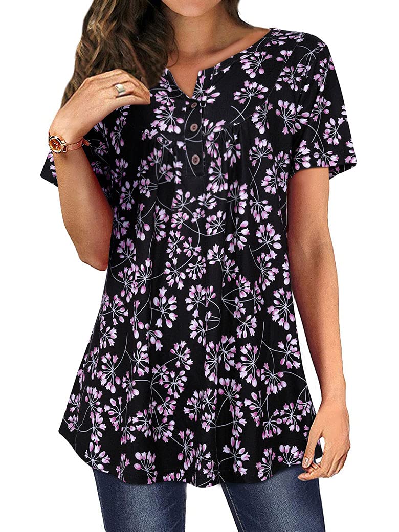 Ezcosplay Womens Short Sleeve Tunics Henley V Neck Pleated Tops Floral Shirts Casual Blouses Tees to Hide Belly