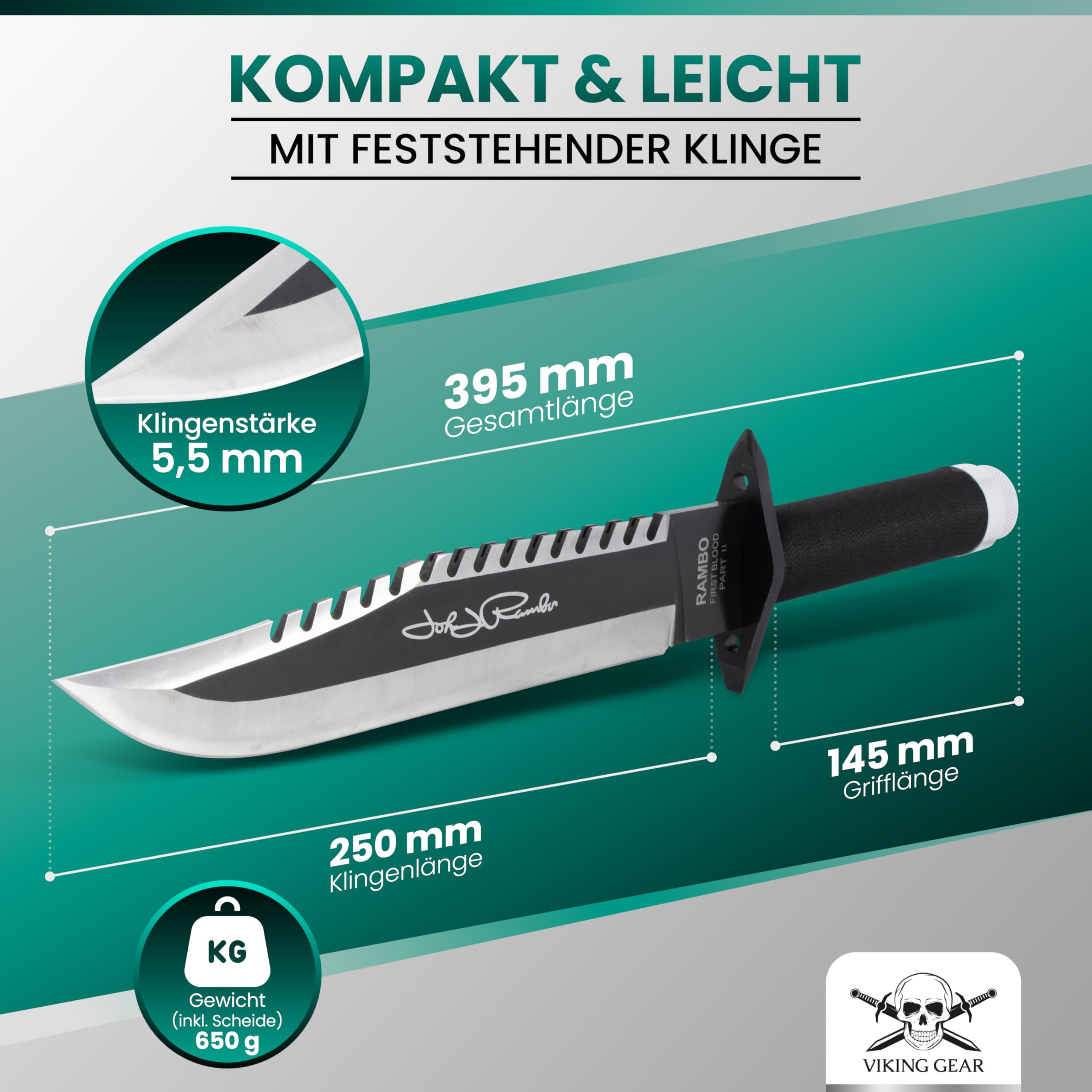 VIKING GEAR Rambo John Rambo First Blood Part II Signature Edition nóż do rambo z kompasem, haczyk do wędkowania ze sznurkiem, plastry, zapałką i pochwą na noże ze skóry PU