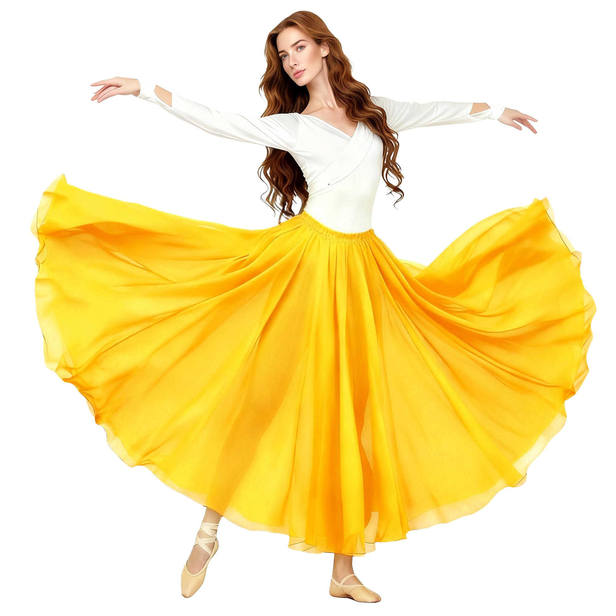 Baisdan Women's Yellow Belly Dance Long Swing Skirt Festival Tribal Chiffon Maxi Full Skirt