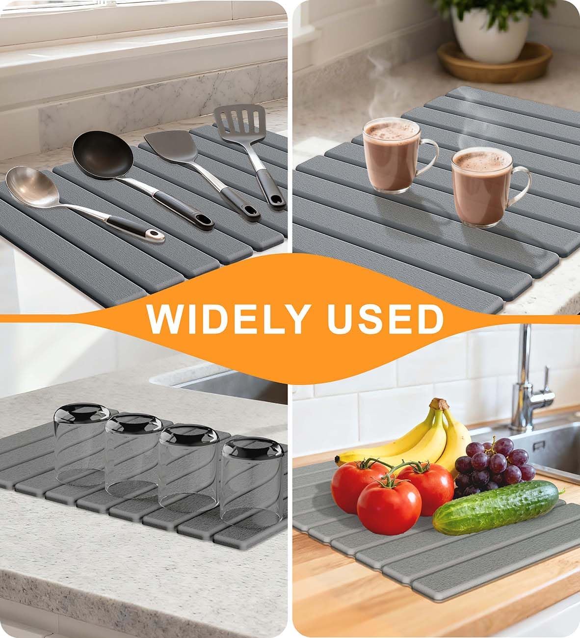 Stone Dish Drying Mat for Kitchen Counter, 24"(L)×16"(W) Collapsible Fast Drying Diatomaceous Earth Mats with Towel Sanding Tool,Versatile Stone Drying Mats for Cups Dishes Bottles Bathroom -Gray
