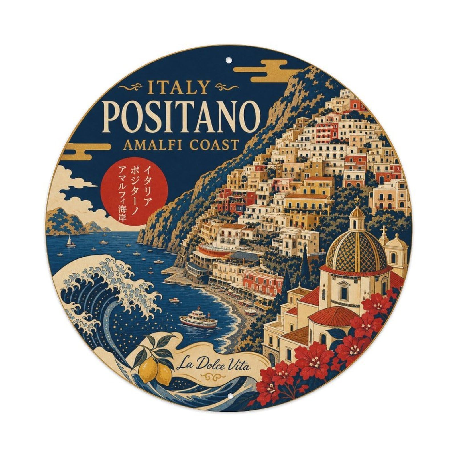 Positano Amalfi Coast Italian Woodblock Island Travel Metal Tin Sign Plaque Wall Decor for Cafe, Man Cave, Club Bar, Office, Home Garden Round Metal Poster 8x8Inch