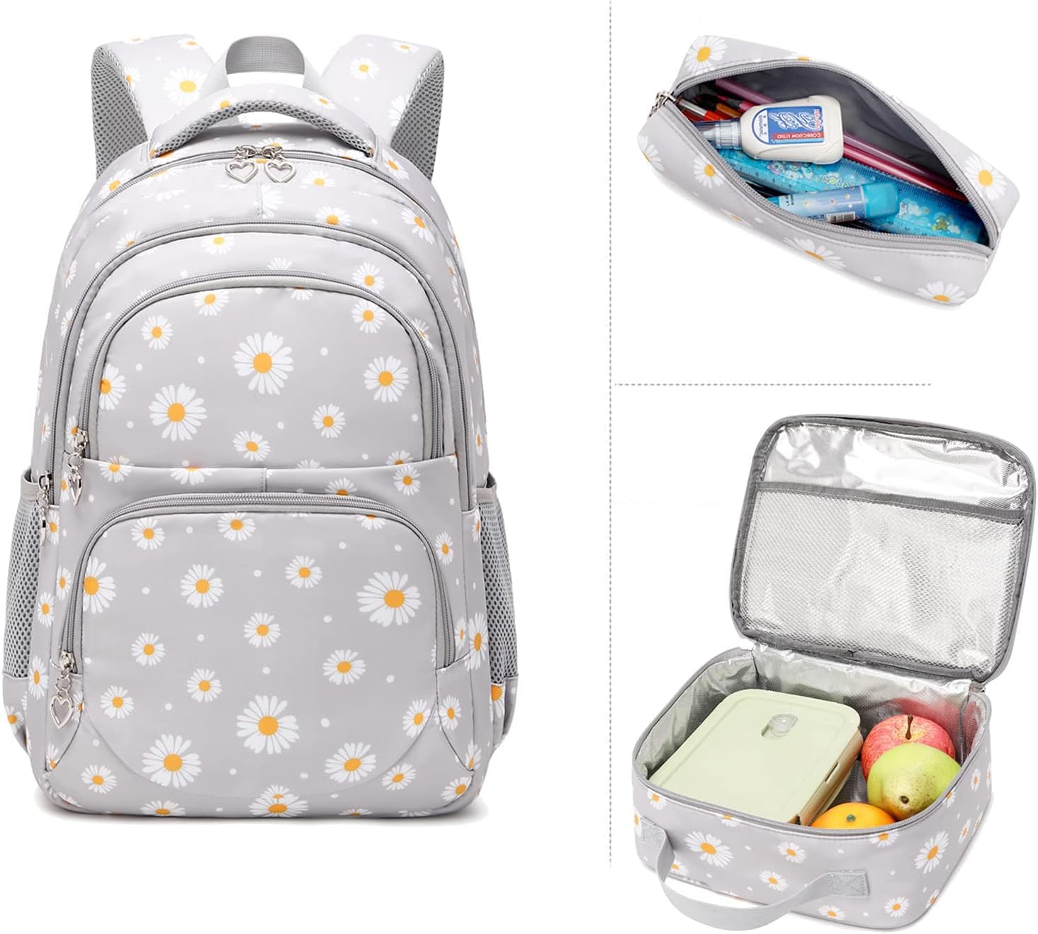 Juego de mochila escolar con estampado de margaritas, bolsa de almuerzo, estuche para lápices, 3 piezas, para adolescentes, niñas, niños, primaria, secundaria, resistente al agua, ligera