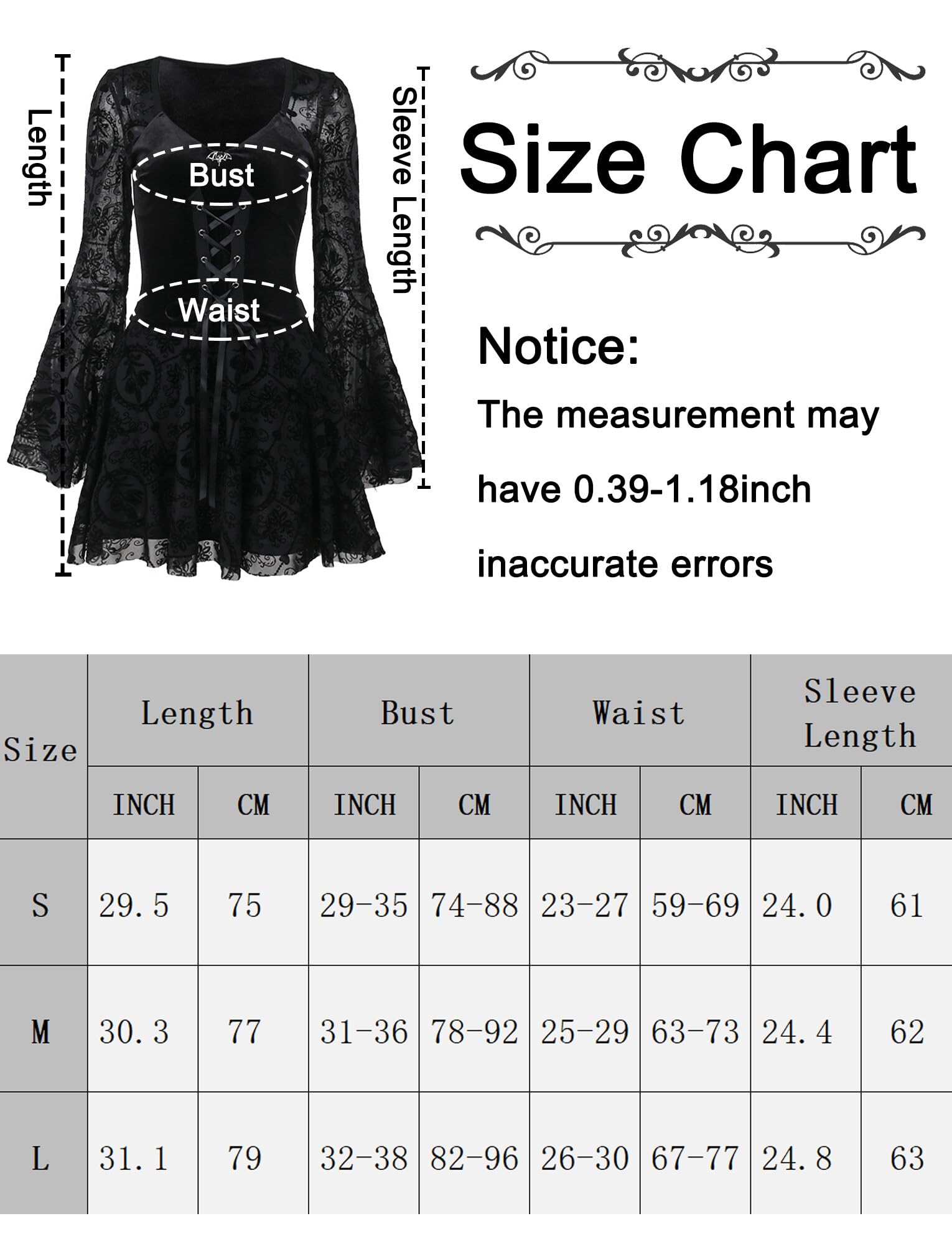 Maeau - Vestito Gotico Donna Retro Nero Steampunk Abito Vintage Pizzo Vestito A-Line Maxi Elegante Maniche Lunghe