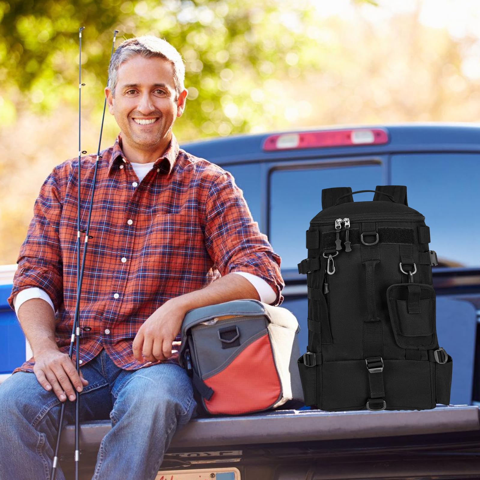 Mochila de pesca grande con soporte para caña, mochila impermeable para aparejos, multifunción para camping y deportes al aire libre, color negro, 45 x 16