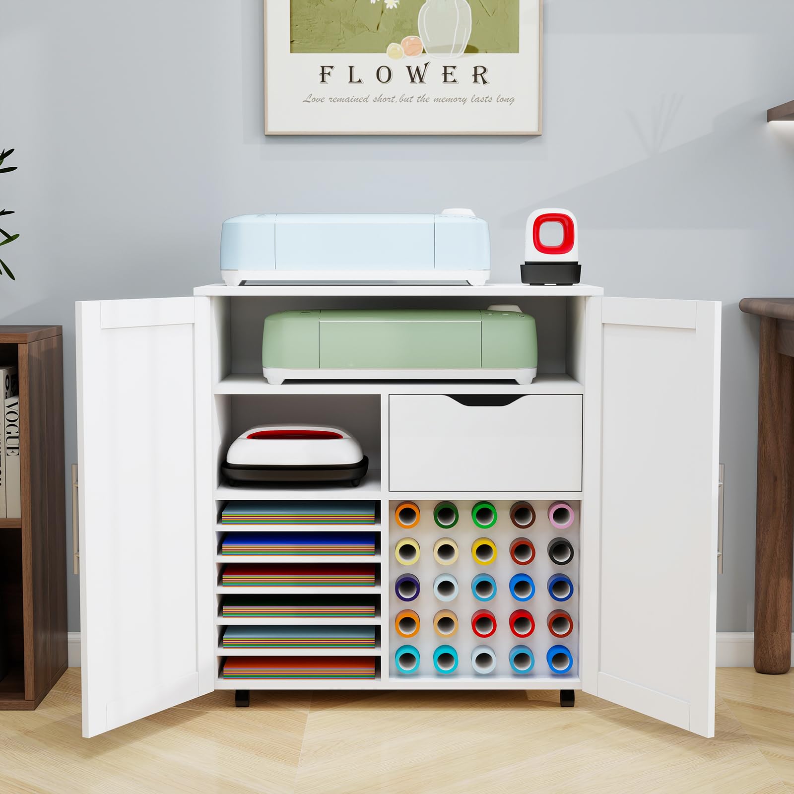 Craft Cart Cabinet Compatible with Cricut for Storage Organization, Rolling Craft Cabinet Table Stand Workstation with Vinyl Roll Holder with Wheels