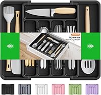 SpaceHacks Adjustable Expandable Silverware Organizer - BPA-Free Utensil Drawer Tray for Forks Spoons Knives, Fits 9.1-14.5" Kitchen Drawers, Black