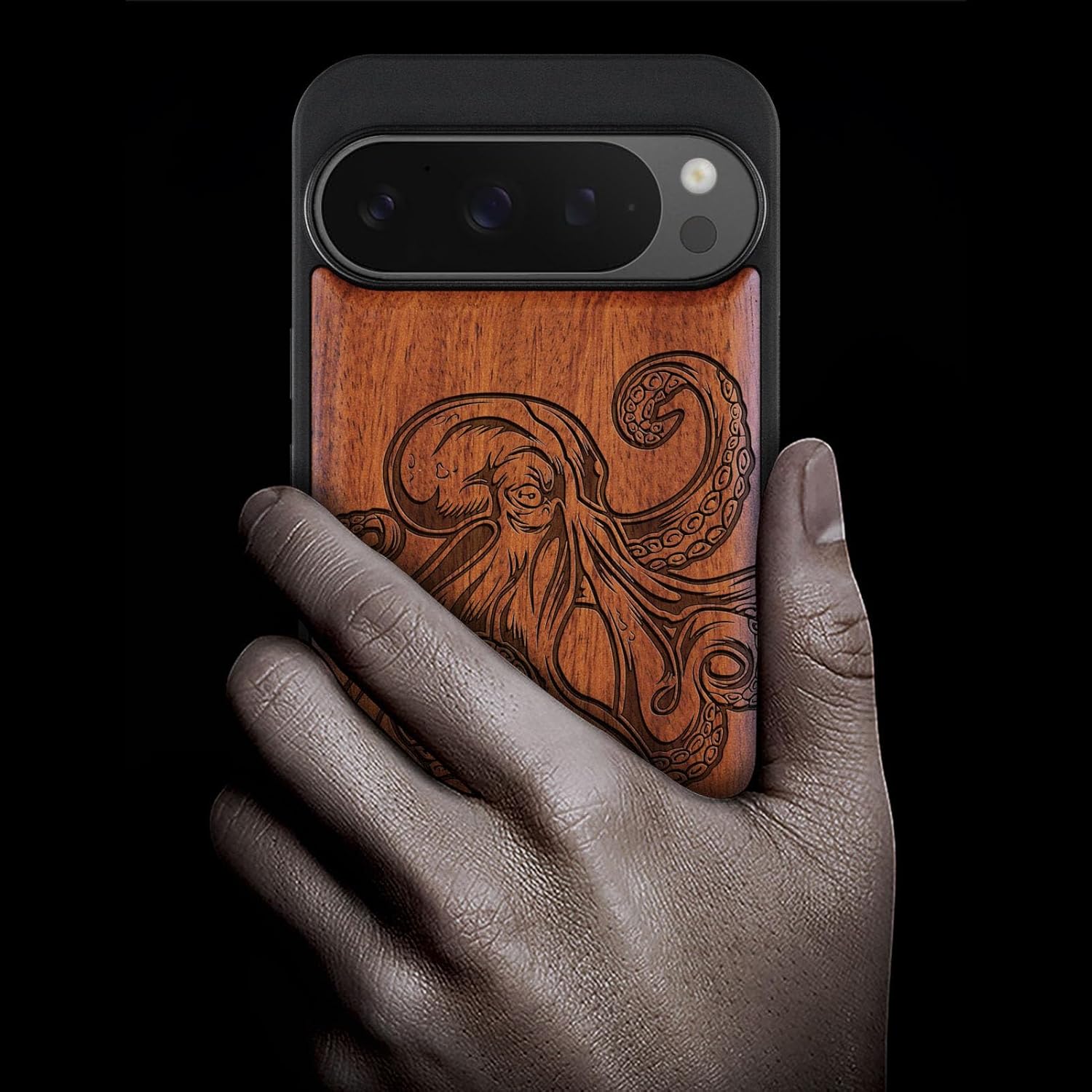 Carveit Magnetic Wooden Case for Google Pixel 9 Pro XL Case, Wood Artisan Engraved & Soft TPU Shockproof Cover, Compatible with MagSafe Wireless Chargers (Octopus Drawing) Rosy