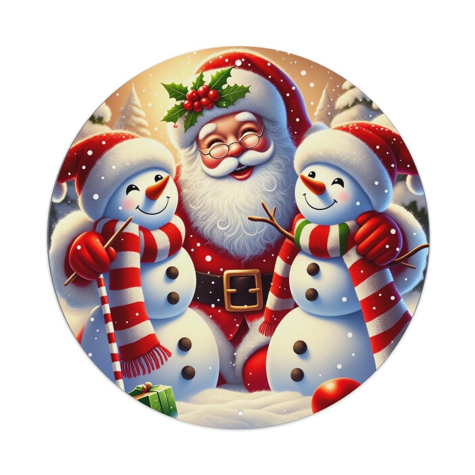 Santa Snowman Holiday Cheer Winter Round Tin Sign Retro Metal Sign for Cafe Bar Pub Home Game Room Gym Club Wall Decoration Vintage Metal Poster 8x8 Inch