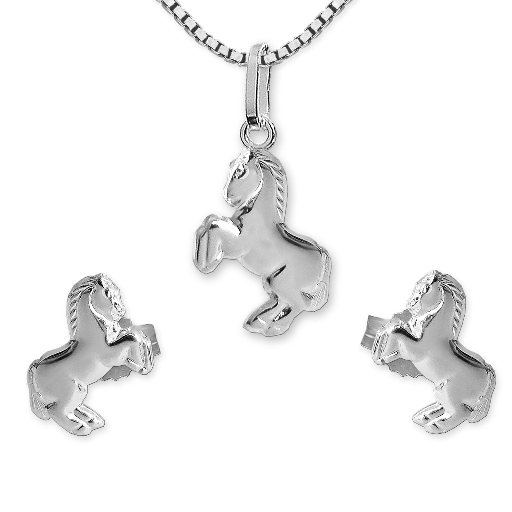 Clever Schmuck Jewellery Set, Silver Stud Earrings with Small Jumping Horse 9 mm, Matching Pendant 12 mm and Venice Chain 38 cm, Sterling Silver 925