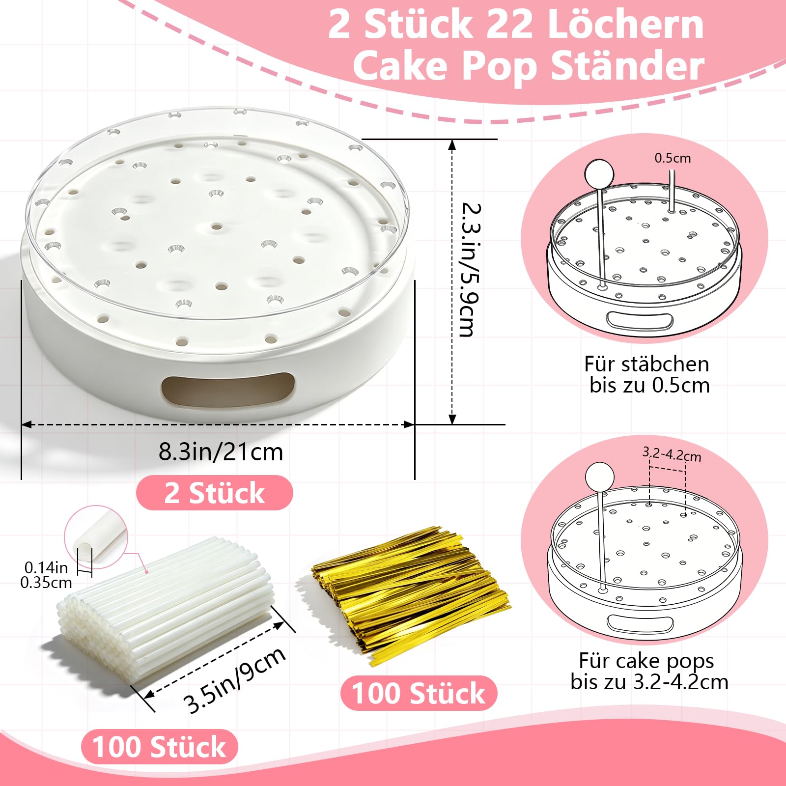 2 Stück Cake Pop Ständer, 22 Löcher Transparent Acryl Lollipop-Halter mit 100 Cake Pop Stiele und 100 Twist Krawatten, Lolly Ständer Candy Bar für Hochzeit Geburtstag Party Deko