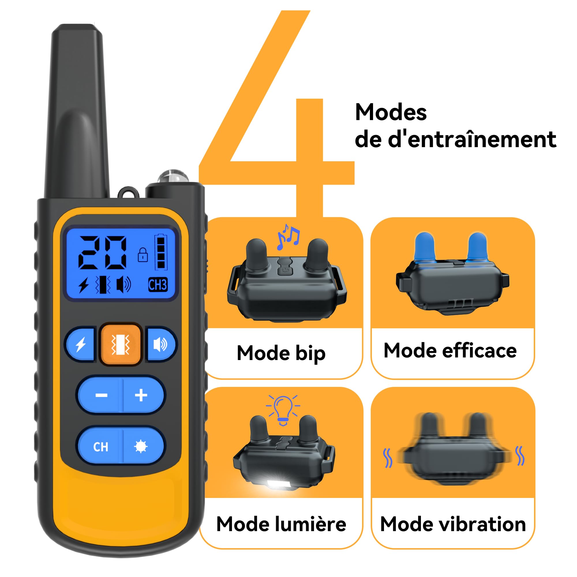 Meloive Collier de Dressage pour Deux Chiens,Collier Rechargeable avec Contrôle Manuel Portée 3000 Mètres,4 Modes d'Entraînement Choc Électrique/Sonore/Vibration/Lumière,IPX67 Résistant à l'eau