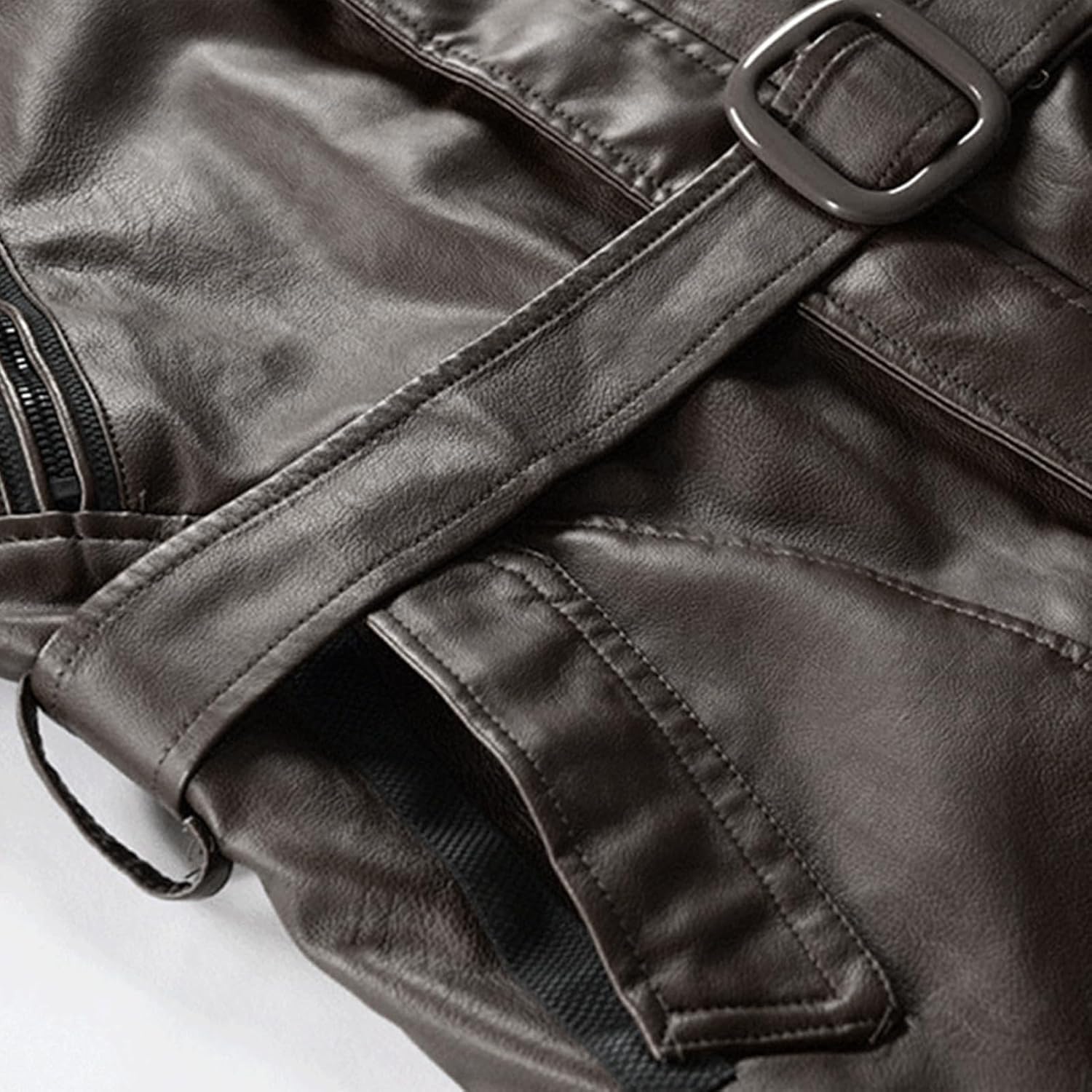 Men's Belt Hooded Leather Biker Jacket Mid Length Motorcycle Bomber Jacket Fall Winter Windproof Trench Coats