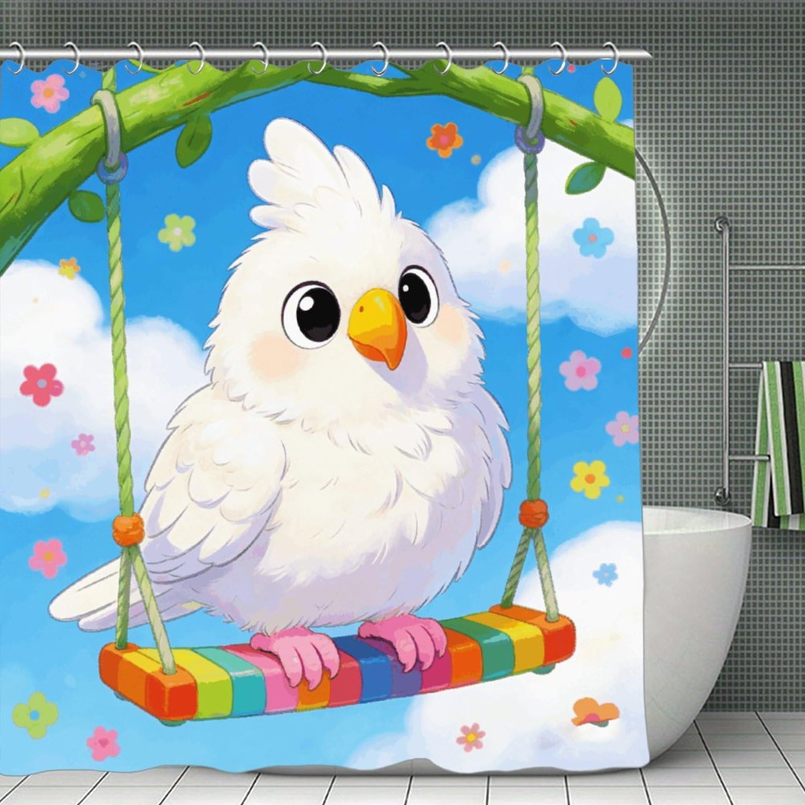 VstaDank The Spring Leisurely Stroll of A Little White Parrot Shower Curtain Light-Weight Blackout Bathroom Curtain Washable Shower Liner 71x71 Inch Bath Curtain with Metal Holes Bathtub Bath Room