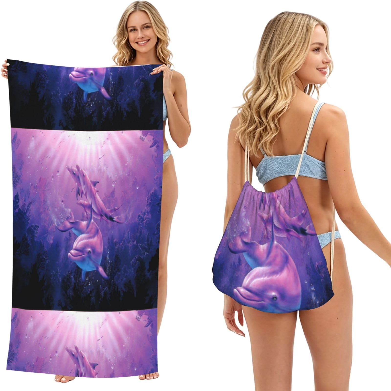 Poadnly As Picture Dolphins Animal, 2 In 1 Packable Towel Bag, Beach Towels With Drawstring Backpack For Travel Holiday Camping