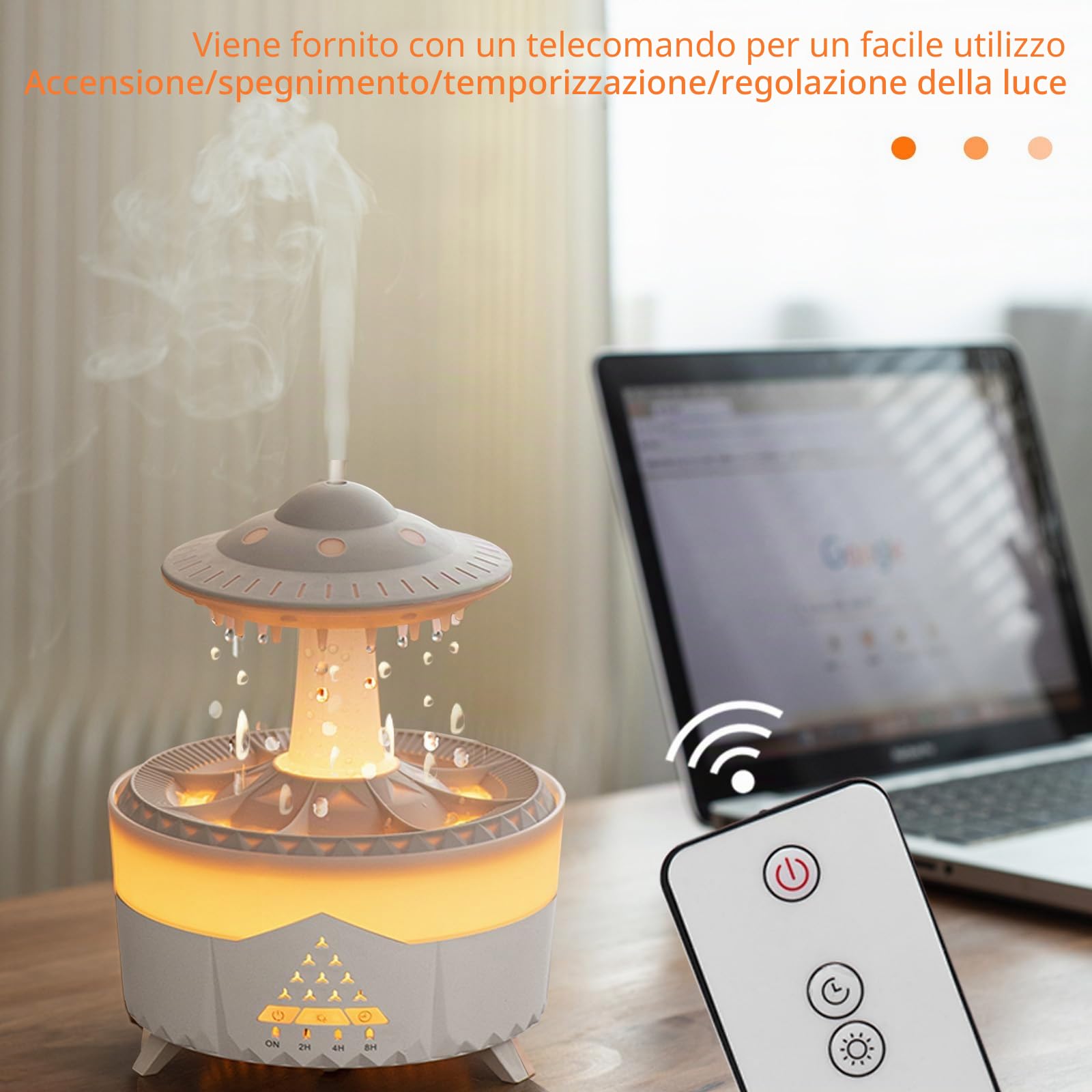 Umidificatore a Nuvola di Pioggia,3 in 1 Umidificatore Ambiente/Diffusore di Oli Essenziali/Luce Notturna a 7 Colori,2/4/8H Timer, Telecomando, 350 ml, per Camera da Letto e Bambini (Bianco)