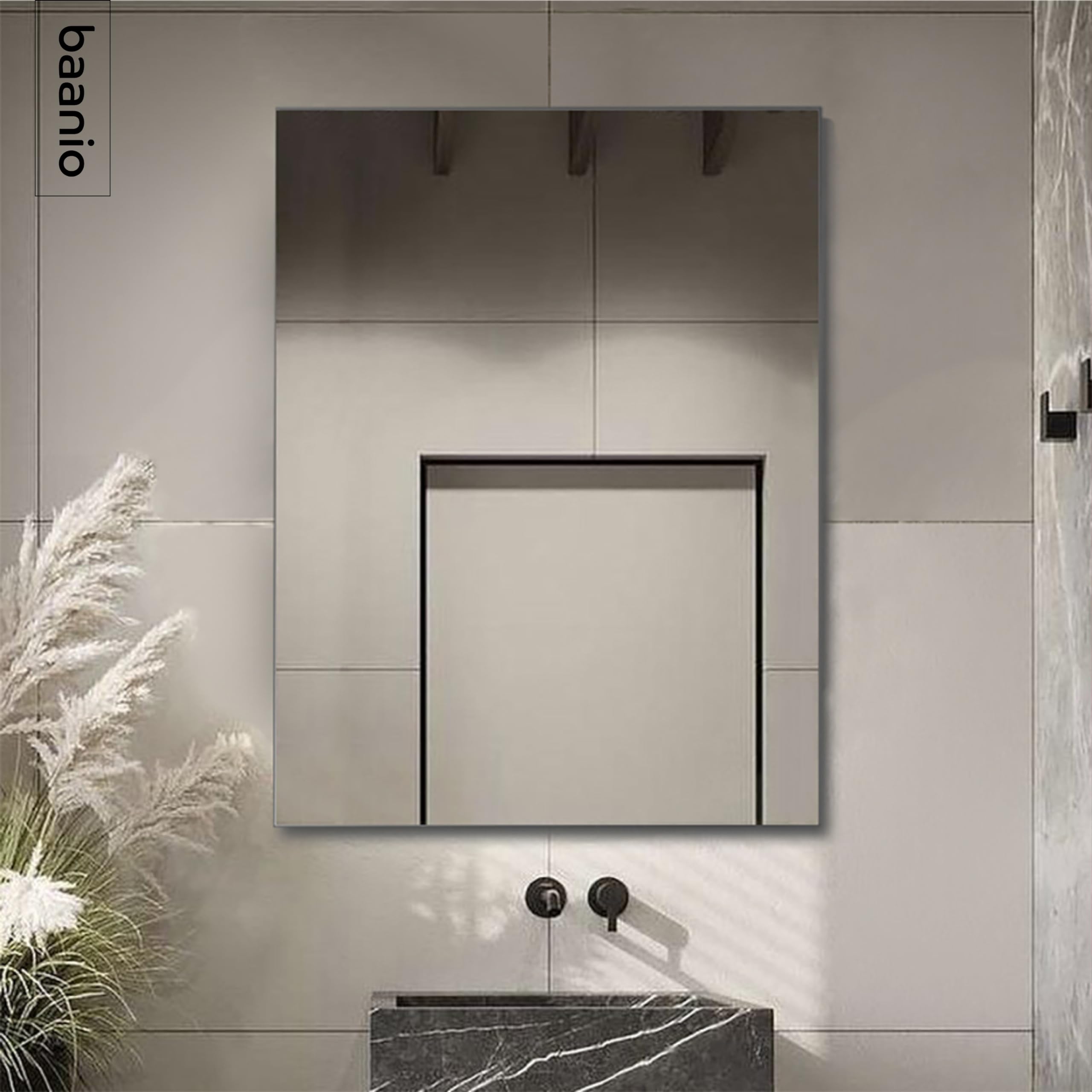 baanio – Espejo de Baño 60x80 Pure ANTIVAHO | Rectangular, Sin Marco, Sin Luz | Fácil Instalación, para Colgar en Vertical y Horizontal | Alta Durabilidad | Espejo Sencillo, Vidrio Plata Ecológica
