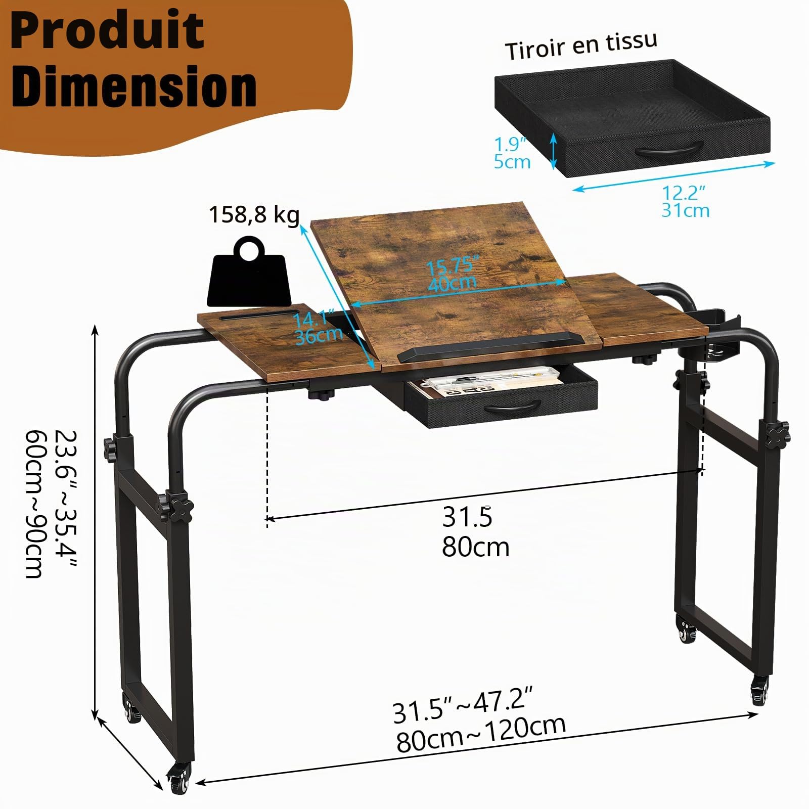 VEDECASA Table de lit sur roulettes réglable en hauteur pour hôpital et maison - Mobile et stable avec plateau pour ordinateur portable, nourriture ou livres (marron)