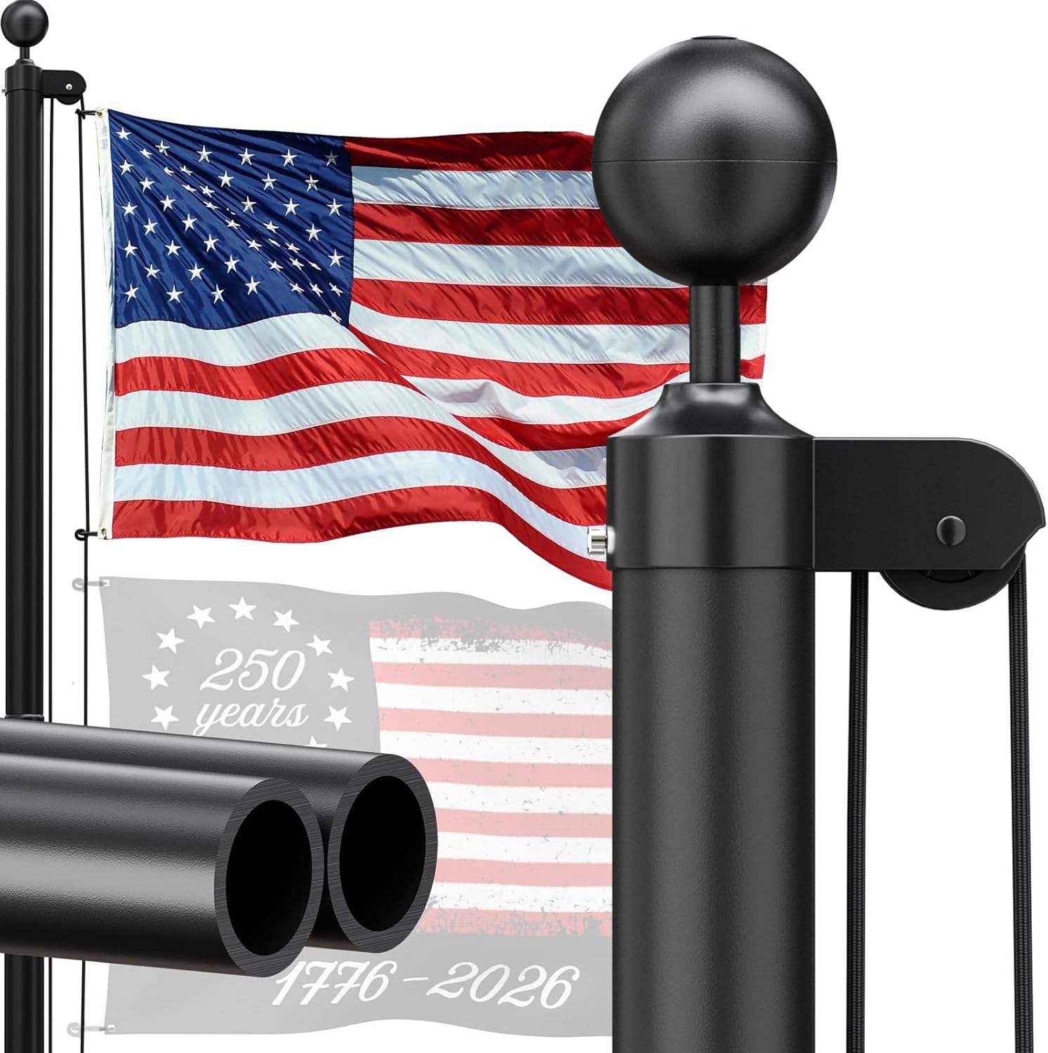 Heavy Duty Flag Pole - 25 FT 12 Gauge Extra Thick Aluminum Flagpole Kit with 5x3 Nylon Embroidered Flag for Outside House In Ground - 110MPH Wind