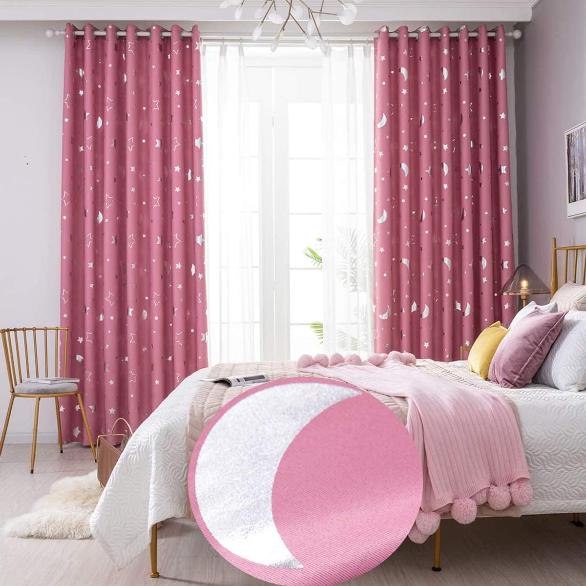 Green Blackout Curtains for Living Room 84 Inch Length - 2 PCS Star Moon Print Grommet Nursery Essential Blackout Thick and Soft Window Strapes for Kids Bedroom